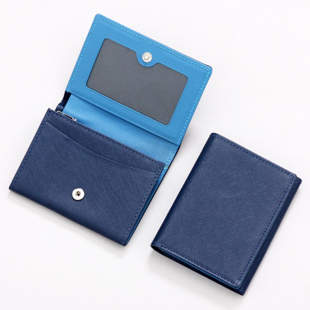 Matt Saffiano Cowhide Men'S Combination Slim Wallet Steel Blue