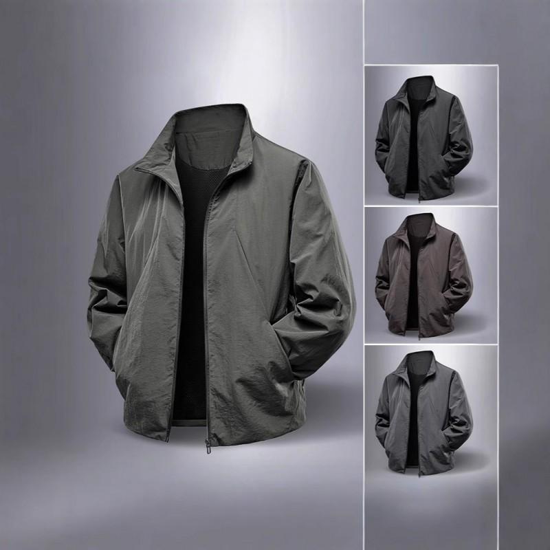 Mens Lightweight Windbreaker Jacket With Stand Collar Hooded Outdoor Running Cycling Casual Sport Coat