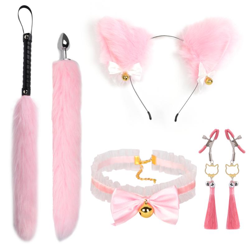 Cat Tail Bell Headband, Anal Plug, Nipple Clamps Flirting Set
