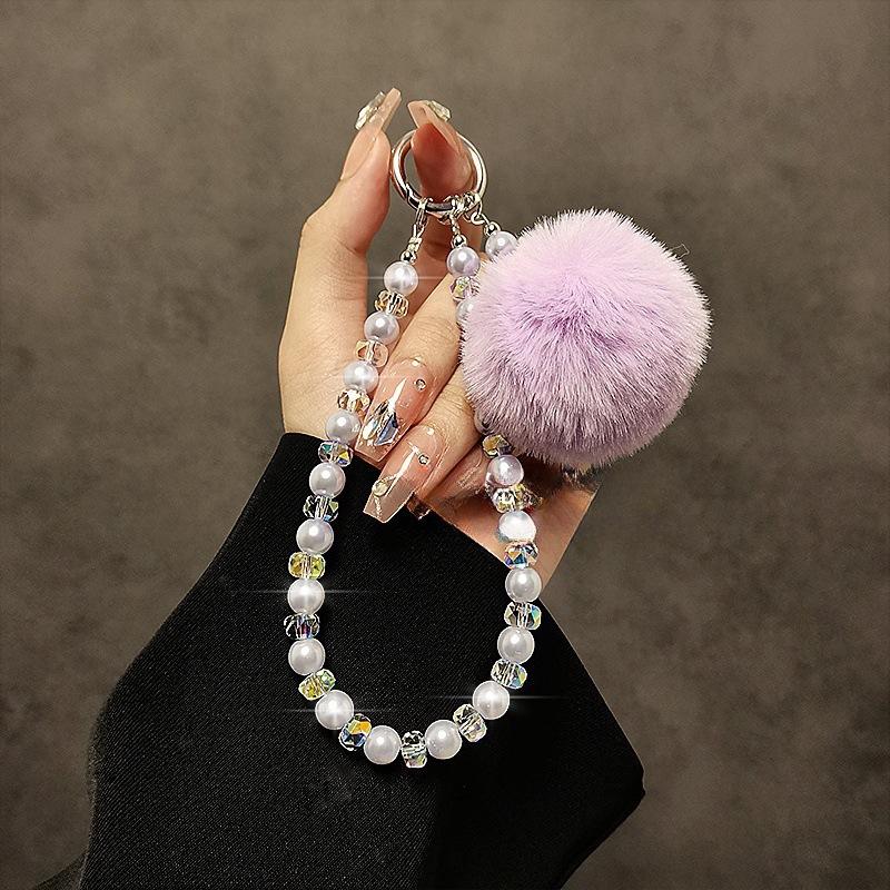 Plush Ball Phone Lanyard Crystal Bead Phone Chain Pendant Fashion Autumn and Winter Style Wrist and Handheld Anti-Lost Lanyard