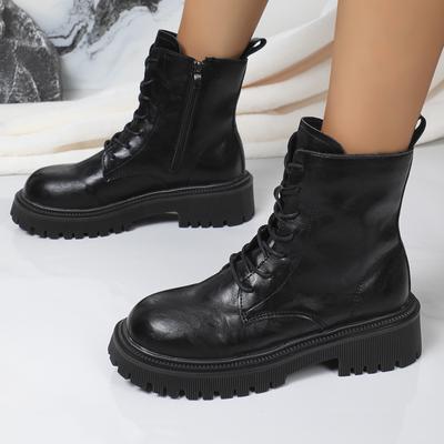 Mode Mode Plateau Stiefeletten für Damen 2024 Herbst Winter PU Leder Kampfstiefel Frau Dicke Sohle Rutschfest Motorrad Stiefeletten