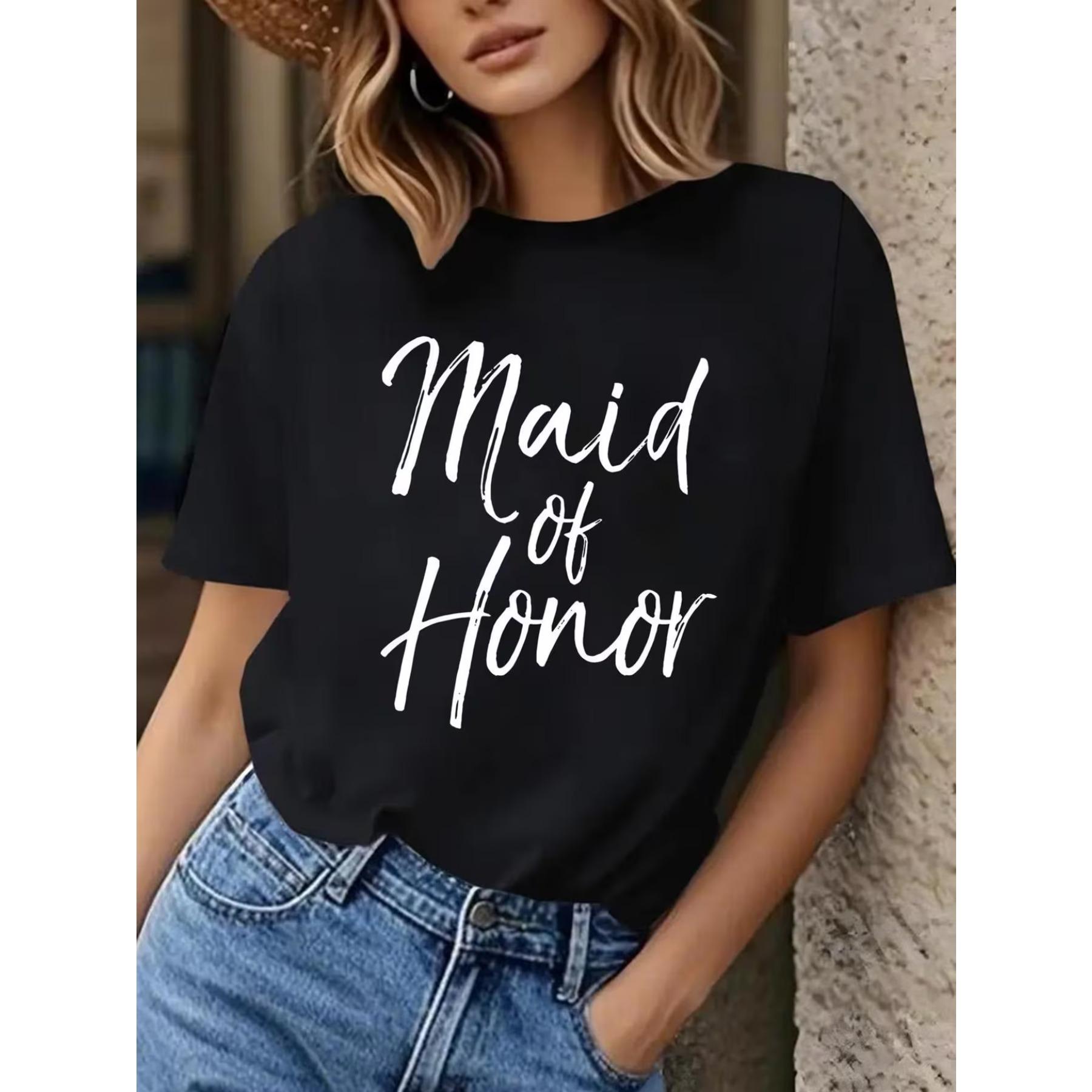 

Women S Maid of Honor and Bridesmaid Wedding T-Shirt - Casual Round Neck Tee with Black and White Cursive Lettering XXL