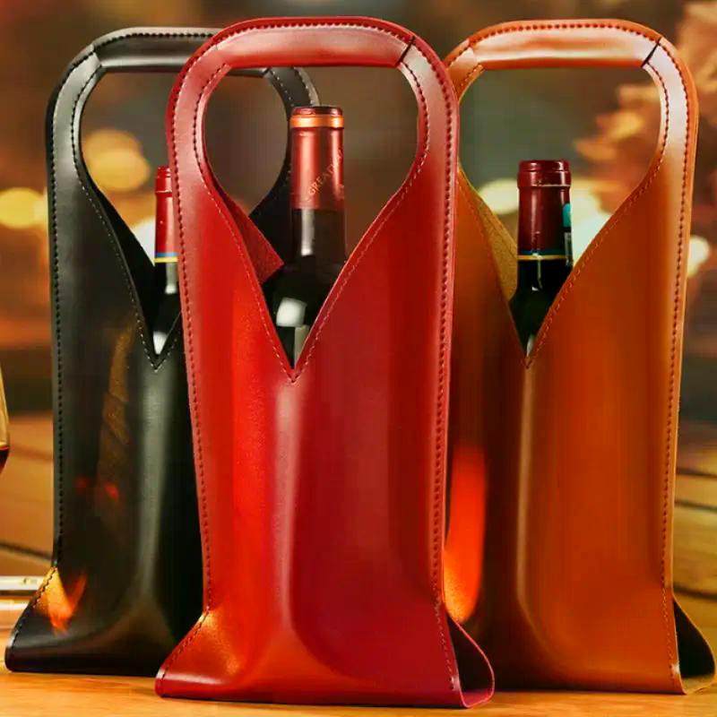 1pc Wine Packaging Bags Gift Bags Vintage PU Leather Tote Wine Bags Drinking Accessories Tote Gift Bags For Friends