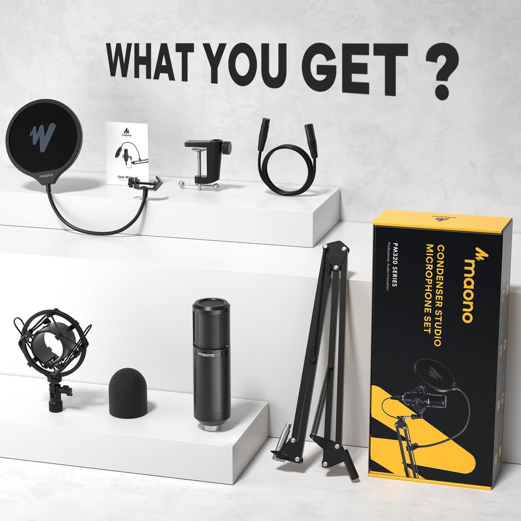 MAONO XLR Condenser Microphone for with Arm Stand and XLR for Sound and Suitable for Music Live and Podcasts Microphone, Set, Unidirectional,