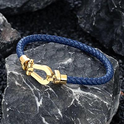 Marca clássica ferradura fecho de couro genuíno cabo pulseira das mulheres dos homens pulseira de aço inoxidável artesanal criativo amante jóias