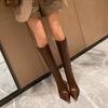 2025 new autumn and winter PU boots women's long boots pointed thick heel high heel knight boots high boots brown black