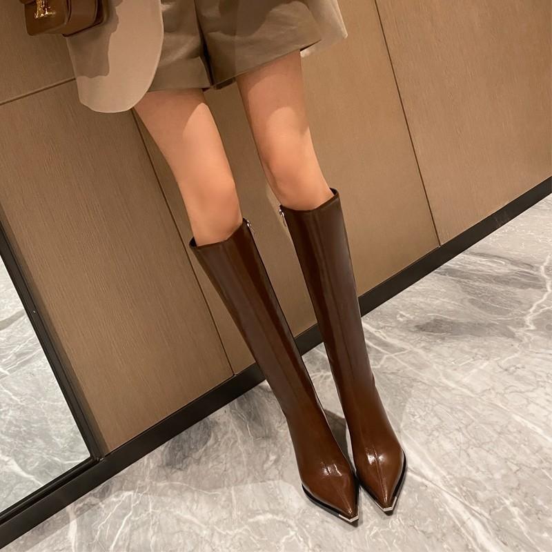2025 new autumn and winter PU boots women's long boots pointed thick heel high heel knight boots high boots brown black