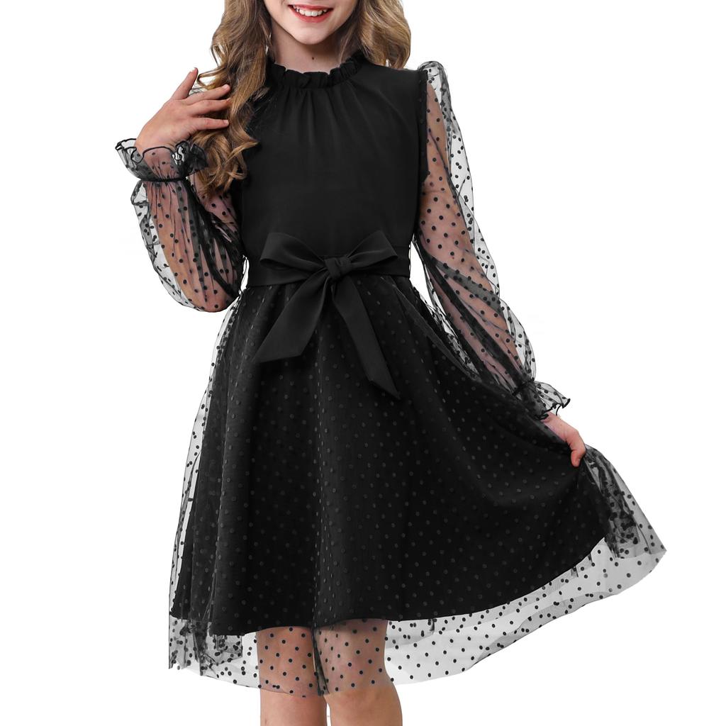 Kids Tulle Polka Dot Everyday 130 [Rolanko] Dress, Girls, Sleeves, Ruffles, Children's Dress, Pattern, Recitals, Weddings, Ceremonies, Wear, Parties,
