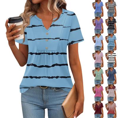 Women's Short Sleeve Tops Summer V-Neck T Shirts Casual Pleated Blouse Loose Print Basic Tee