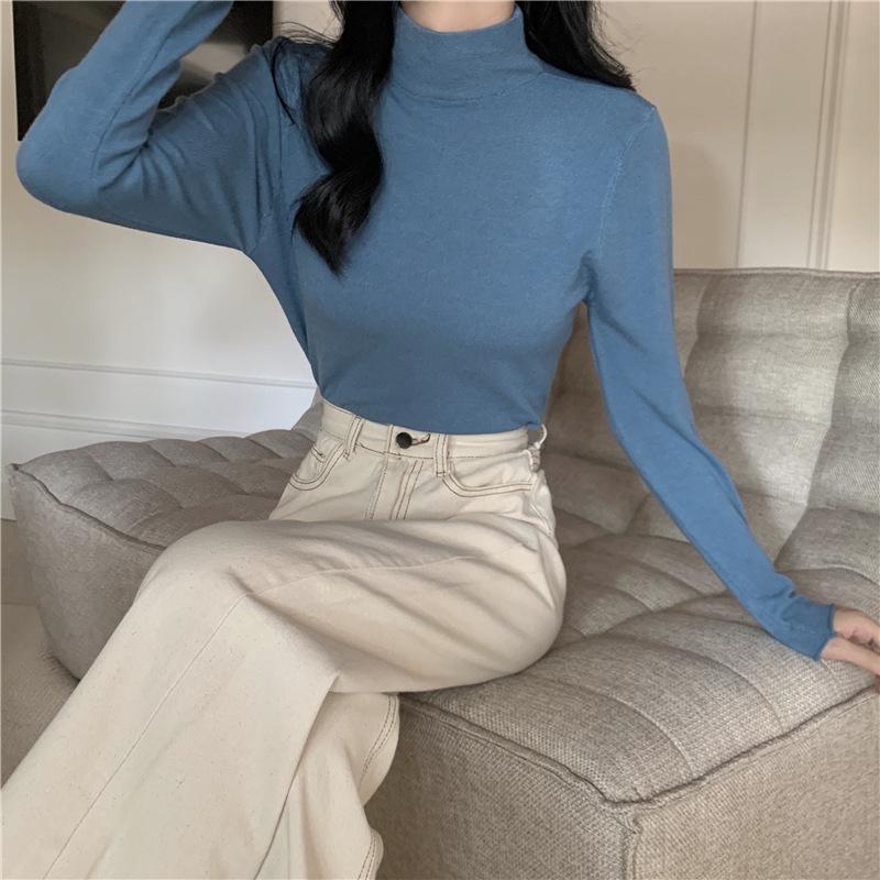 Sky blue sweet versatile bottoming shirt women's spring slim-fitting and thin semi-turtleneck long-sleeved top