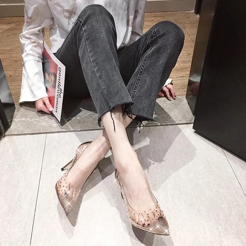 Fashion New Luxury Fairy Style Transparent High Heels Thin Heels Pointed Water Diamond Single Shoes Women's Crystal Wedding Shoes