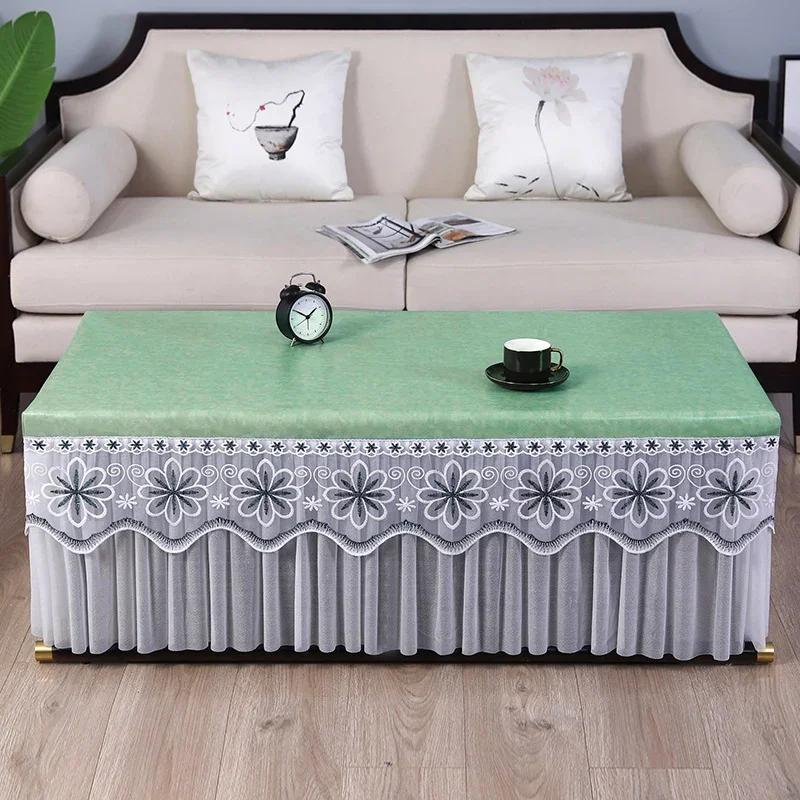 Waterproof Heat-resistant Table Cover Embroidered Lace Edge Leather Tablecloth Dining Table Chiffon Hem Oil Proof Dust Cover