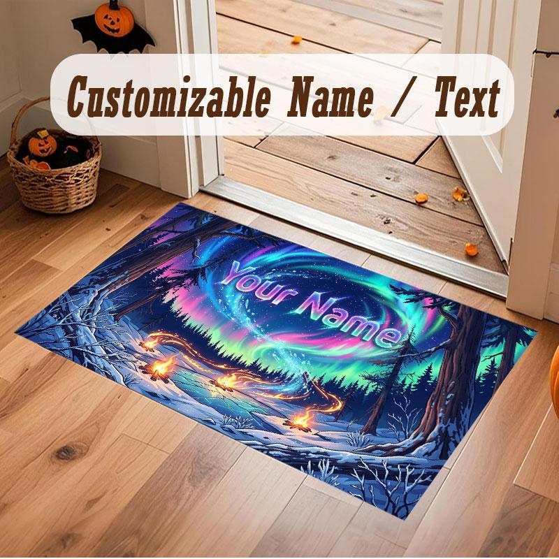 Christmas Winter Theme Crystal Velvet Floor Rug Personalized Custom Name Text Warm Carpet Home Decoration