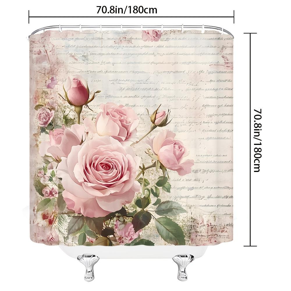 Vintage Floral Pink Letter Shower Curtain - 100% Polyester, Machine Washable, Grommet Top, Includes Hooks, All-Season,Bath Decor