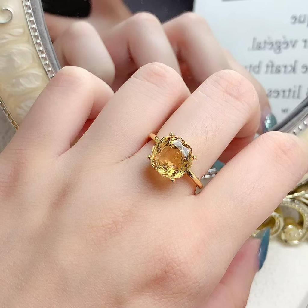 18K Gold Inlaid Amethyst & Citrine Ring, 925 Silver Electroplated, Rose Cut Faceted for Index Finger.