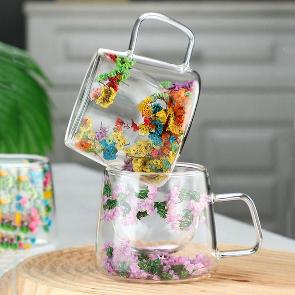 Double Insulated Dried Flower Glass Cup Coffee Tea Cup Clear Glass Cup Double Wall Mug  Household