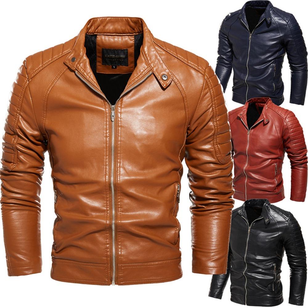 Leder Herren Mehrfarbige Jacke Unifarben Herren PU Lederjacke Herbst Motorradbekleidung Neue Herrenjacke Plus Samt