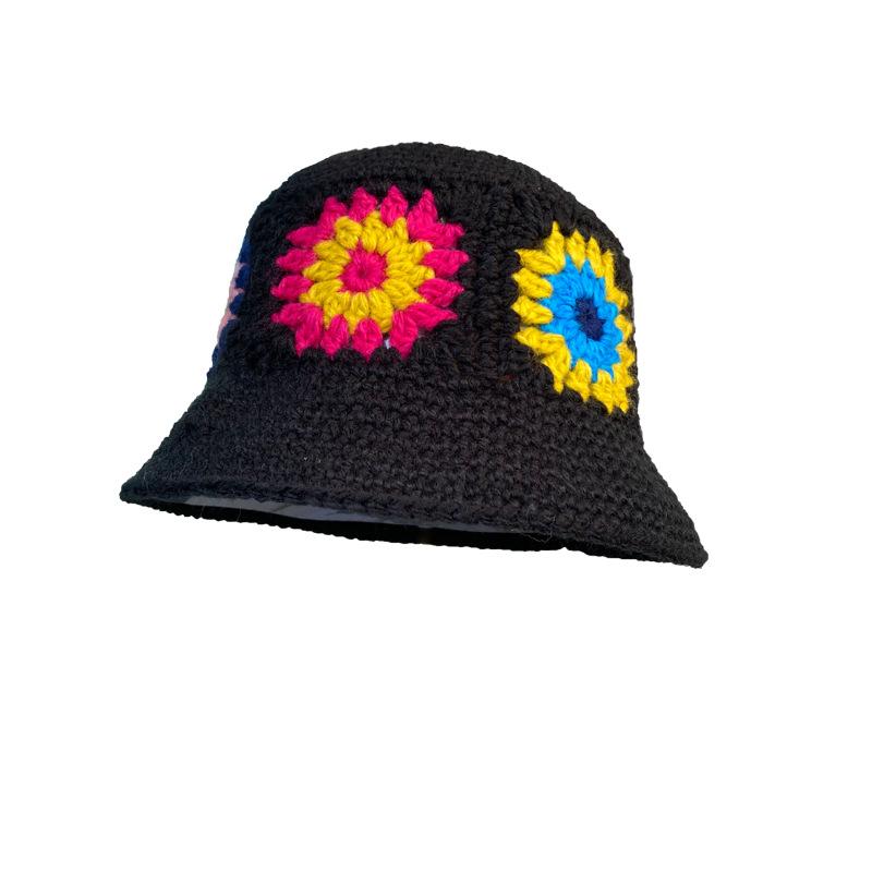 Handmade Knitted Flower Wool Hat Women's Autumn and Winter Bucket Hat Versatile Ethnic Style Warm Basin Hat Lady Foreign Style