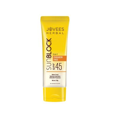 Herbal Sun Block SPF 45 Sunscreen For Dry Skin | Broad Spectrum UVA UVB Blue Light Protection | Lightweight Non Greasy Hydrating 50g
