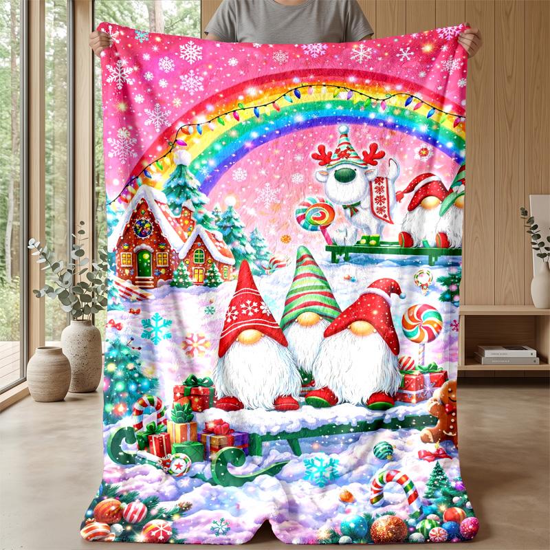 Festive Christmas Gnome with Tree and Heart Theme Blanket Lightweight Warm Flannel Blanket Decorative Throw Blanket for Home Decoration