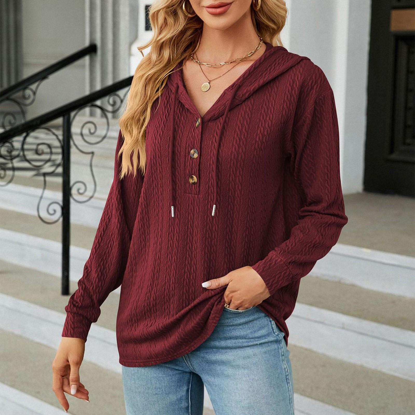 

Женская повседневная мода однотонный свободный топ с капюшоном и пуговицами с длинными рукавами XXL винный