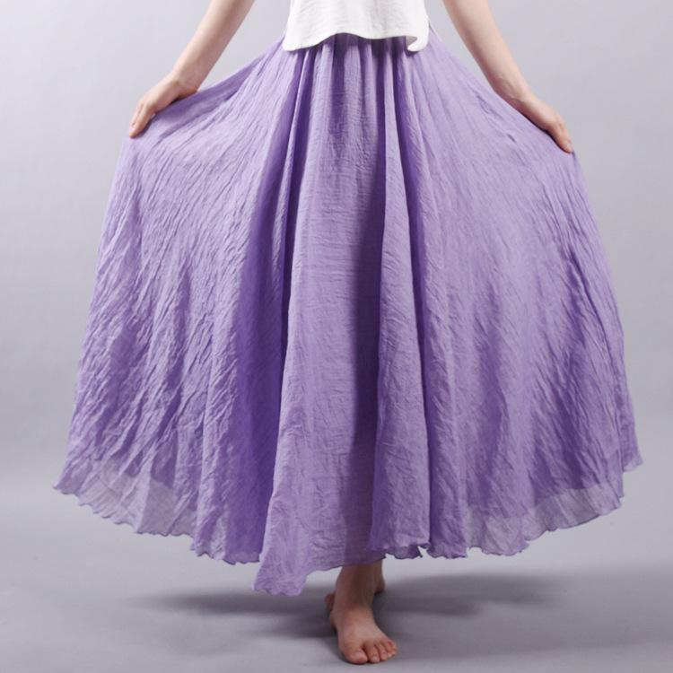 Women's Elegant High Waist Linen Maxi Skirt Summer Ladies Casual Elastic Waist 2 Layers Skirts Saia Feminina