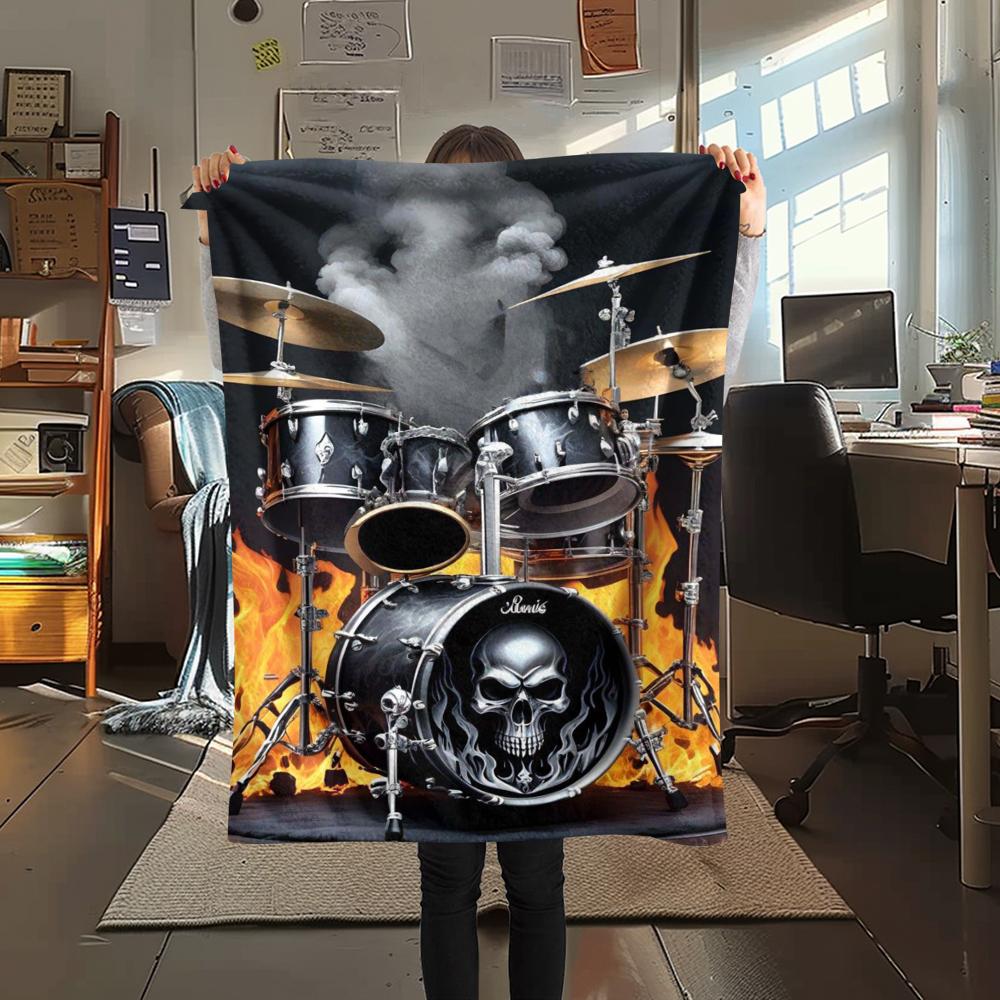 1Pc Drum Set Print Flannel Blanket, High Quality Comfortable for All Seasons, Home Decor, Warmth and Comfort, Perfect for Gifts
