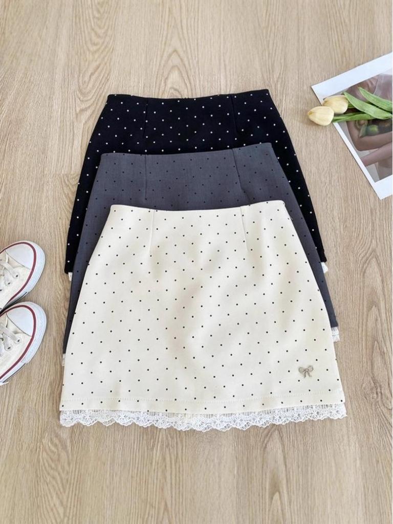 Polka Dot Lace Trim A-Line Midi Skirt, Spring/Summer 2025 Fashion, Petite High-Waist Hip-Hugging Fit