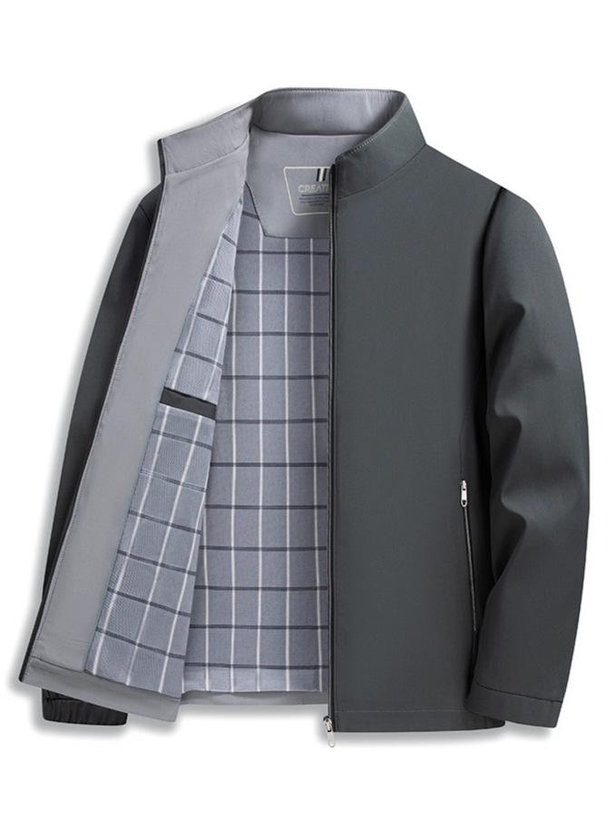 Men's Solid Color Stand Collar Zipper Jacket - Business Casual for Middle-aged and Elderly