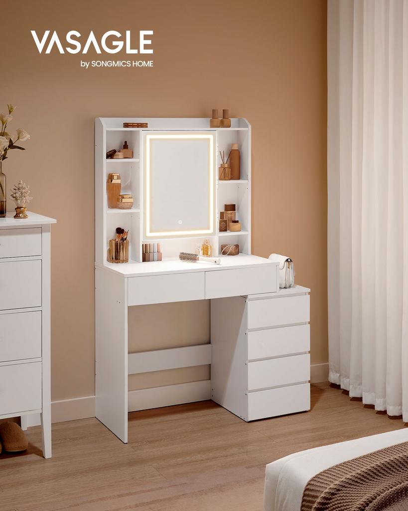 VASAGLE LED Lighting Dressing Table with Adjustable Brightness Dressing Table with Mirror Cosmetic Table with Drawers Open Compartments Adjustable