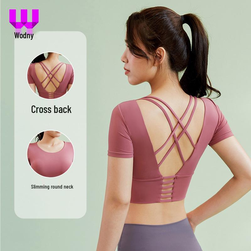 Women's Short Sleeve Yoga Crop Top with Chest Pads - Tight Fit Running and Fitness Vest