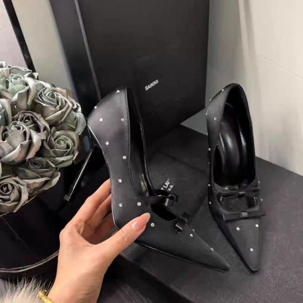 Fashion High Heeled for Women's 2025 Spring and Summer New High-end Polka Dot French Bow Square Head Black Rhinestone Single Shoe Women
