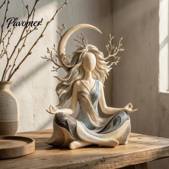 Bohemian Wystrój Domu Bogini Księżyca Medytacja Posąg z Żywicy, Figurka Jogi Zen, Elegancki Ornament na Biurko Minimalistyczne Akcenty Wnętrza do Dekoracji,