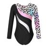 Girls Shiny Rhinestone Leotard Long Sleeve Round Neck Bronzing Fabric Pattern Print Performance Bodysuit