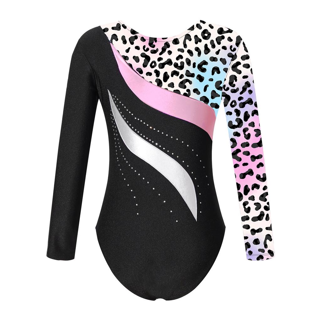 Girls Shiny Rhinestone Leotard Long Sleeve Round Neck Bronzing Fabric Pattern Print Performance Bodysuit