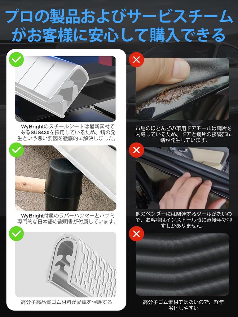 WyBright SUS430 Stainless Steel Car Edge Molding, Tools Included, U-Shaped, Scratch Prevention, Quietening, No