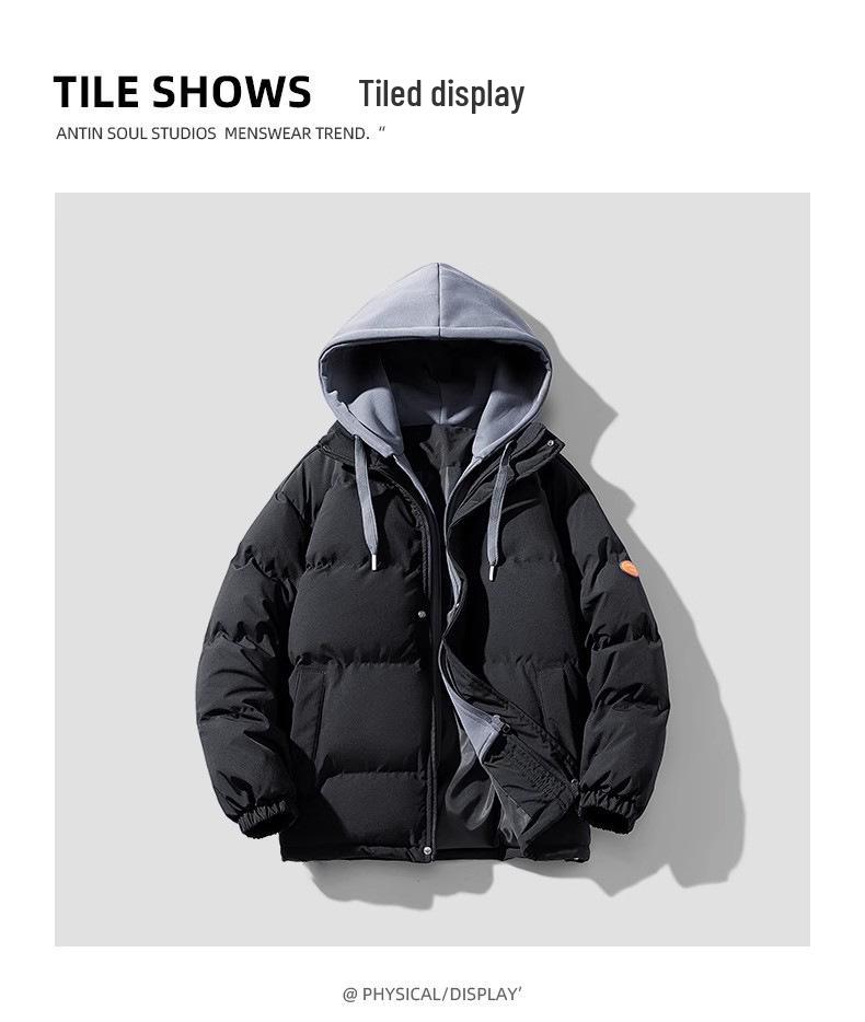 Trendy Couples' Hooded Loose Cotton Jacket - Faux Two-Piece, Thickened for Warmth in Autumn/Winter