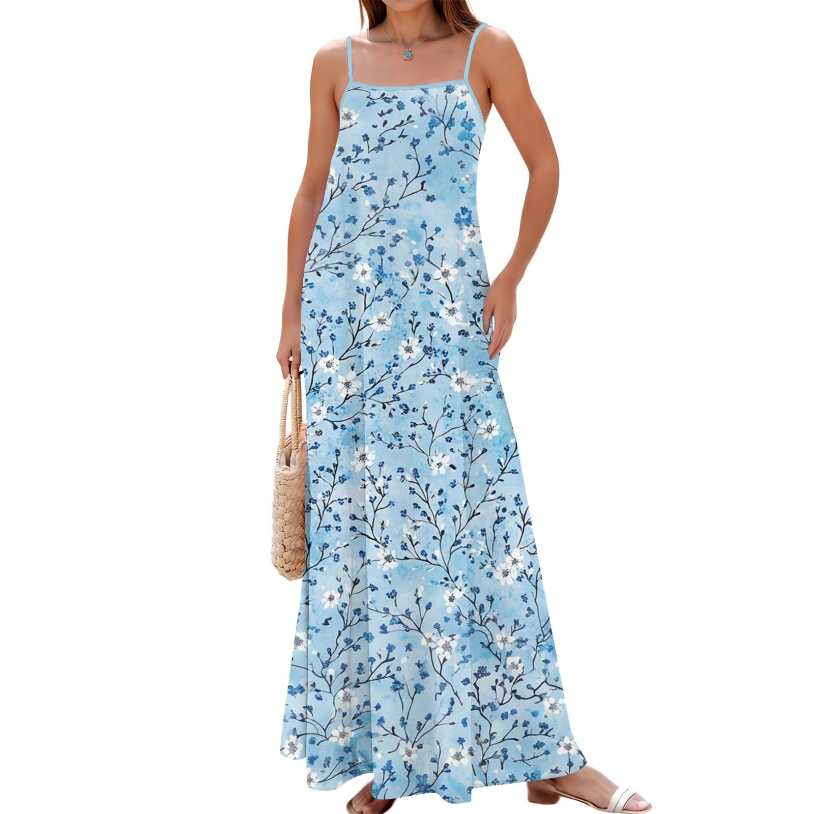 

Women s Spring And Summer Casual Fashion Adjustable Suspender Printing Long Dress XL небо синє кольору