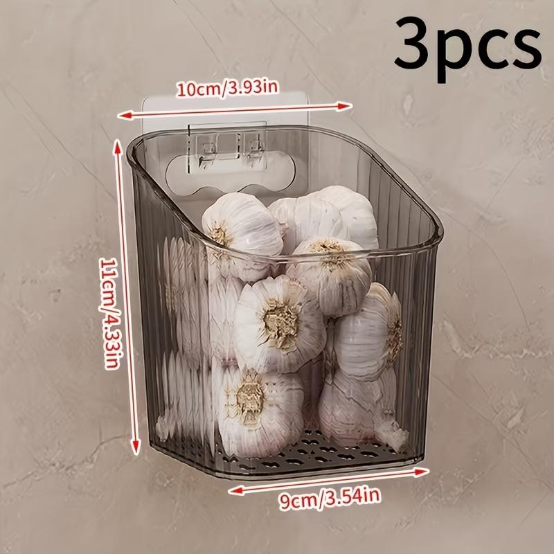 

3pcs wall-mounted ginger & garlic storage boxes, no-drill, visible plastic baskets, for kitchen & bathroom, home & commercial use