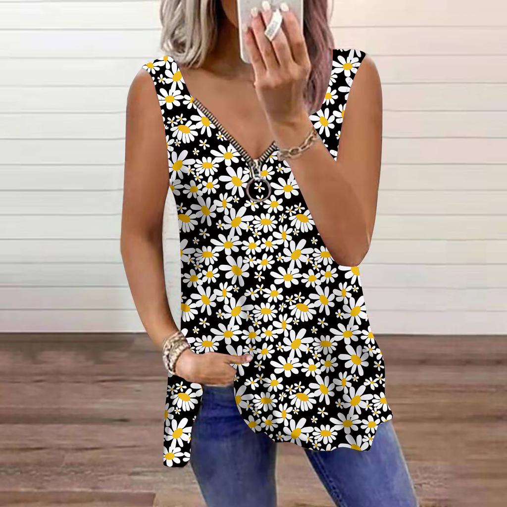 Women's Top Summer Little Daisy Printed Casual Plus Size Sleeveless Zipper V-neck Top Tank Top