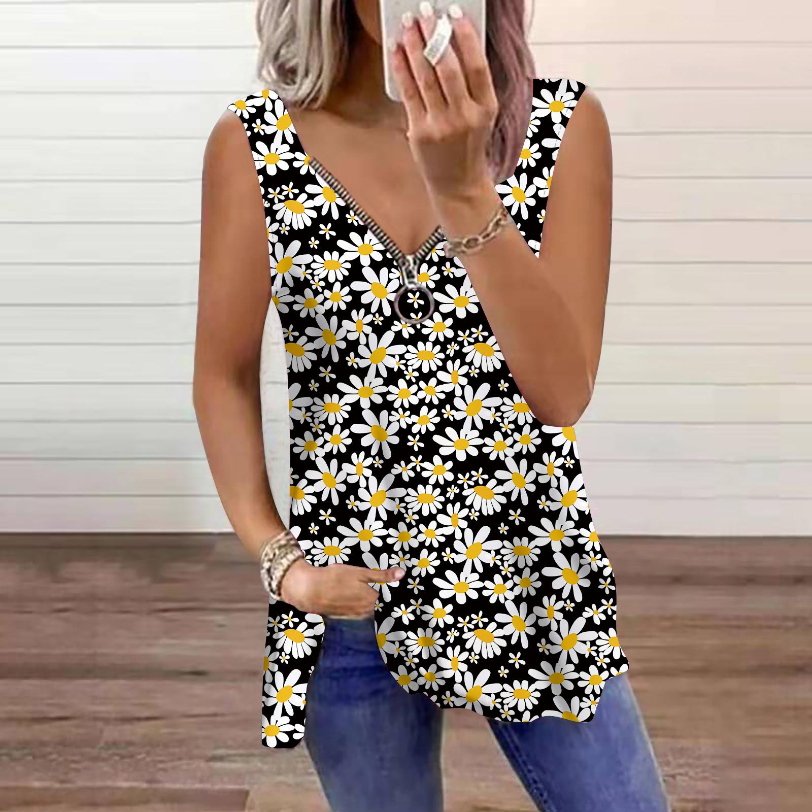

Женский топ, летний, с принтом Little Daisy, повседневный, большого размера, без рукавов, на молнии, с V-образным вырезом, майка M чёрный