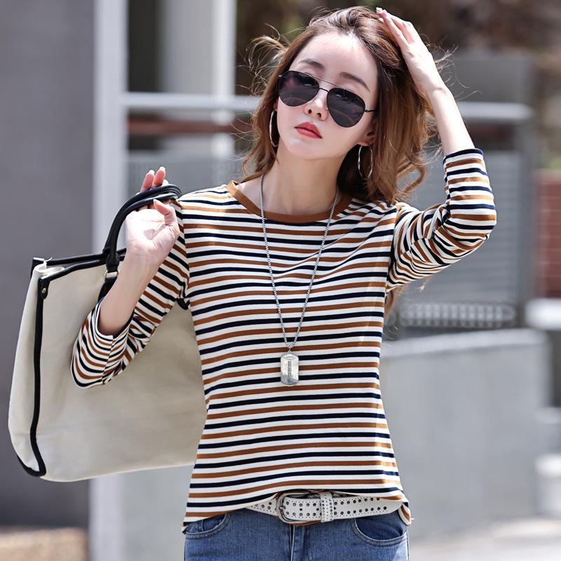 

Женская футболка с длинным рукавом в полоску в корейском стиле - 95% хлопок, круглый вырез, коллекция осень/зима XL