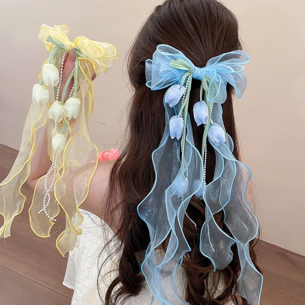 Fairy Style Tulip Hair Clips Mesh Ribbon Organza Bowknot Barrette Muguet Flower Hairpin Feminine