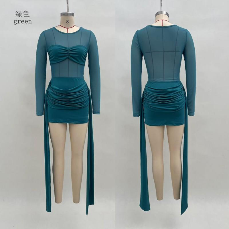 Abito Mini Elegante da Donna a Manica Lunga con Pannello in Rete Trasparente Slim Fit Girocollo Ufficio Casual