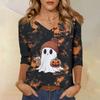 Women's Casual Halloween Print V-Neck Three-Quarter Sleeve T-Shirt