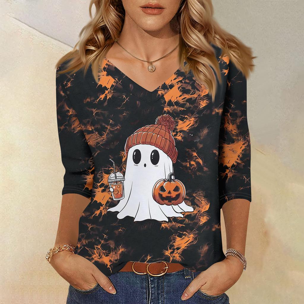 Women's Casual Halloween Print V-Neck Three-Quarter Sleeve T-Shirt