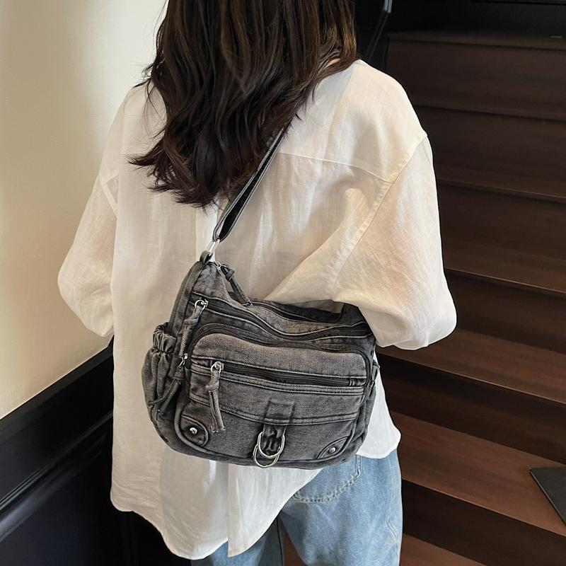 Vintage Denim Crossbody Bag Multi-Pocket Women's Shoulder Bag