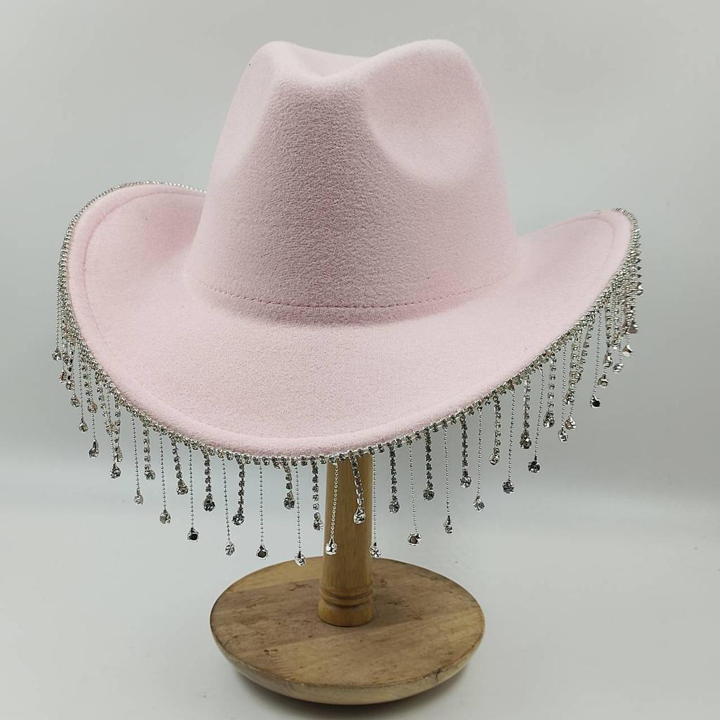 Women Rhinestone Tassel Decor Wide Brim White Fedora Hat For Party Cap Handmade Rhinestone Fringe Cowgirl Hat Wholesale