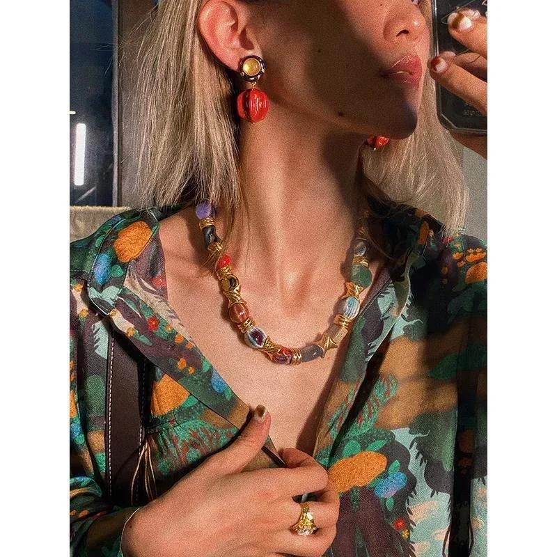 Vintage Floral Round Ceramic Necklace for Women Design Sense 2025 New In Fashion Chokers Necklaces Party Jewelry Gift