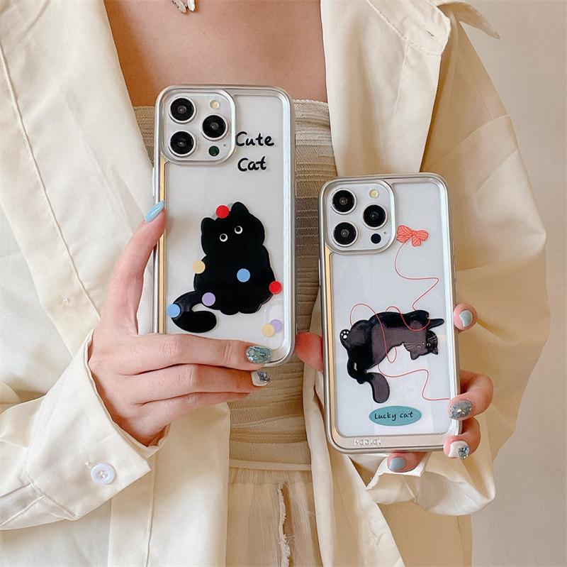 Custodia di lusso in TPU trasparente elettroplaccato con motivo a gattino e cucciolo per iPhone 15 Pro Max 14 13 12 Pro, con protezione anticaduta integrale e fiocco